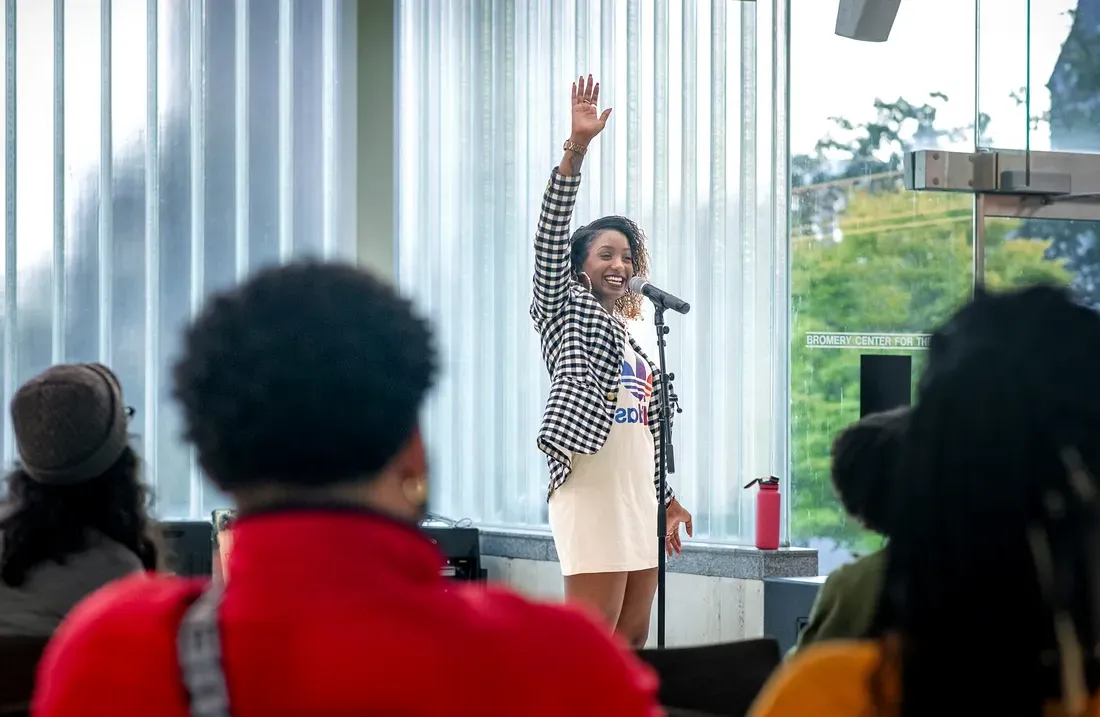 Imani Wallace speaking to a crowd.